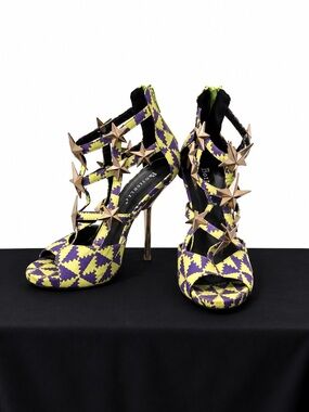 Vintage Purple/Lime Print Stiletto Heels with Gold Star Details